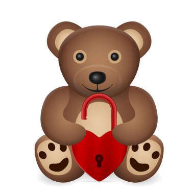 Beyaz arka planda kalp kilidi olan oyuncak ayı. Vektör illüstrasyonu.