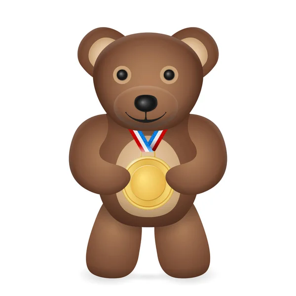 Urso Pelúcia Com Medalha Ouro Sobre Fundo Branco Ilustração Vetorial —  Vetores de Stock