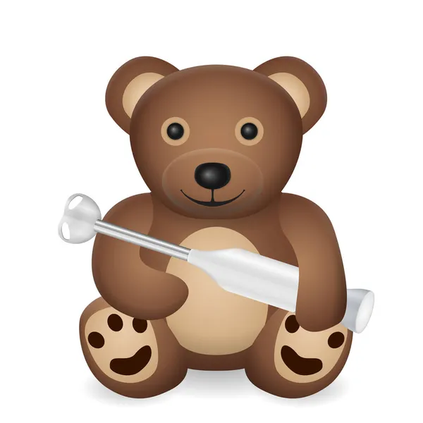 Teddybär Mit Stabmixer Auf Weißem Hintergrund Vektorillustration — Stockvektor