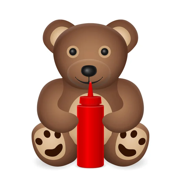 Urso Pelúcia Com Frasco Ketchup Sobre Fundo Branco Ilustração Vetorial —  Vetores de Stock