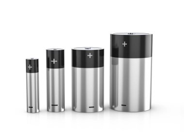 Beyaz arka planda bataryalar. 3d illüstrasyon.