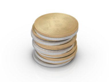 Beyaz arka planda bitcoinler. 3d illüstrasyon.