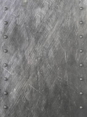 Arka plan oluşturduğu perçin ile metal plaka çizik. 3D çizim.