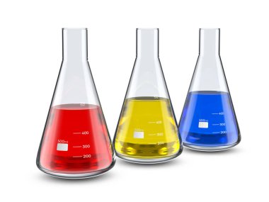 Beyaz arka planda Erlenmeyer mataraları. 3d illüstrasyon.