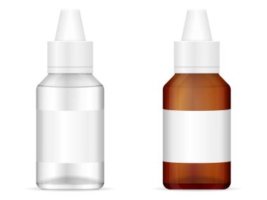 Beyaz arka planda cam bir tıbbi şişe var. Vektör illüstrasyonu.