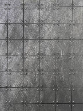 Perçinli tırmalanmış metal plakalardan oluşan bir arka plan. 3B illüstrasyon.