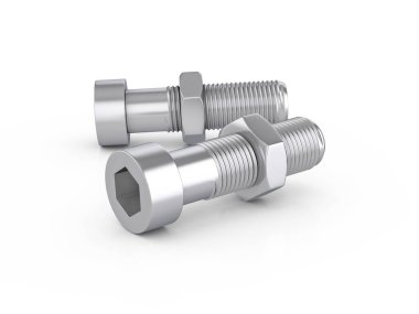 Beyaz arka planda metal vidalar ve fındıklar. 3d illüstrasyon.