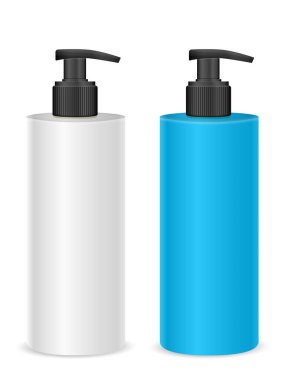 Beyaz arka planda sıvı sabun seti. Vektör illüstrasyonu.