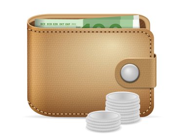 Cüzdan ve para beyaz bir arka planda.