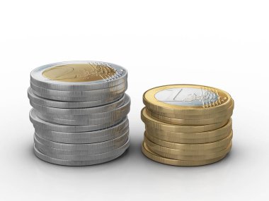 Avrupa sikkeleri beyaz arka planda istiflenir. 3d illüstrasyon.