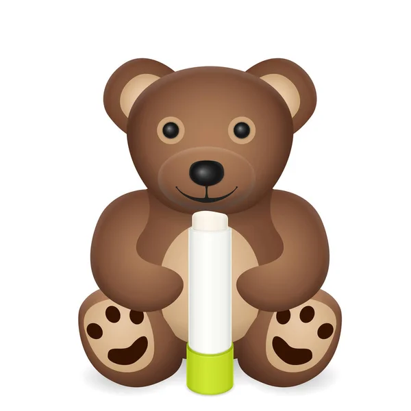 Teddybjörn Med Läppbalsam Vit Bakgrund Vektorillustration — Stock vektor