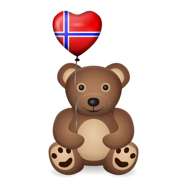 Niedźwiedź Norweską Flagą Balon Serca Białym Tle Ilustracja Wektora — Wektor stockowy