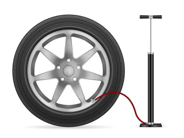 白い背景にハンドエアポンプとタイヤ ベクターイラスト — ストックベクタ