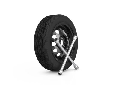 Beyaz arka planda araba tekerleği ve çapraz anahtar. 3d illüstrasyon.