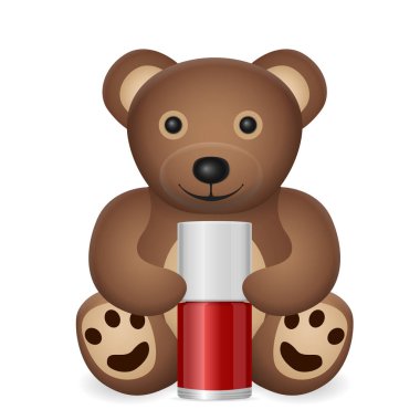 Beyaz arka planda tırnak cilası olan oyuncak ayı. Vektör illüstrasyonu.