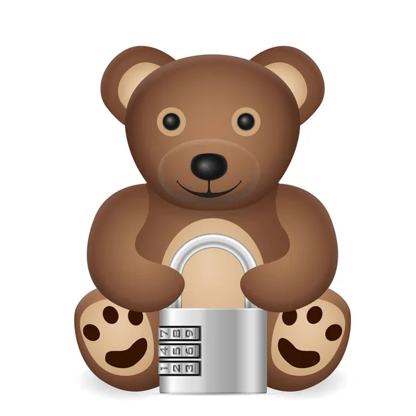 Teddybjörn Med Hänglås Vit Bakgrund Vektorillustration — Stock vektor