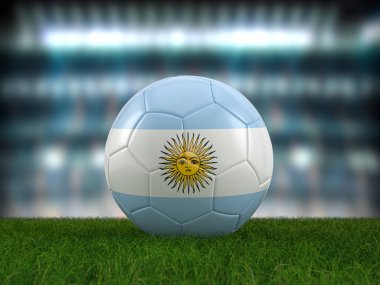 Futbol topu Arjantin bayrağı futbol sahasında. 3d illüstrasyon.