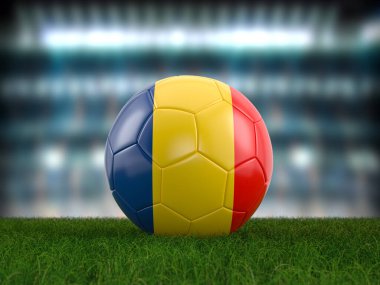 Futbol topu Romanya futbol sahasında bayrak sallıyor. 3d illüstrasyon.