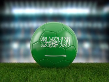 Futbol topu Suudi Arabistan bayrağı futbol sahasında. 3d illüstrasyon.