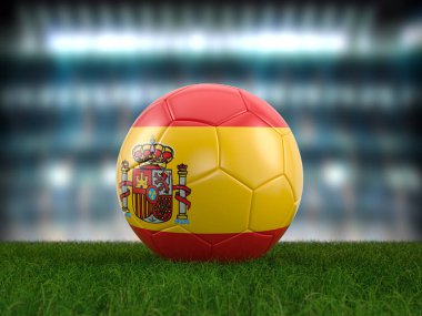 Futbol topu İspanya bayrağı futbol sahasında. 3d illüstrasyon.