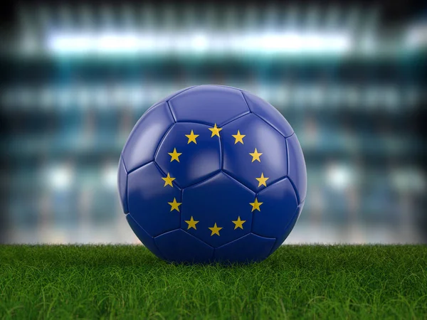 Soccer ball EU flag on a soccer pitch. 3d illustration.