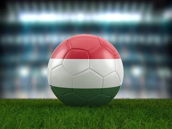 Soccer ball Hungary flag on a soccer pitch. 3d illustration.