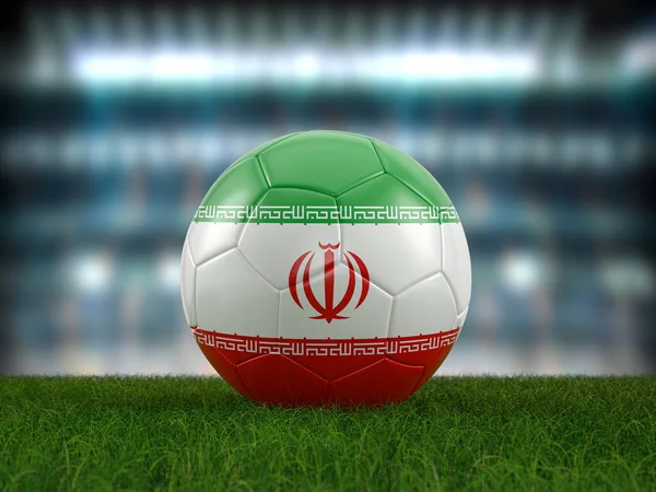 Soccer ball Iran flag on a soccer pitch. 3d illustration.
