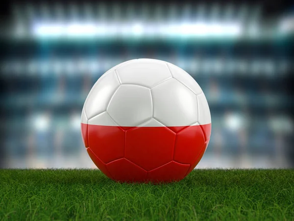 Soccer ball Poland flag on a soccer pitch. 3d illustration.