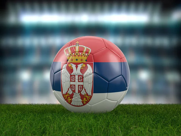 塞尔维亚国旗在一个足球场上 3D说明 — 图库照片
