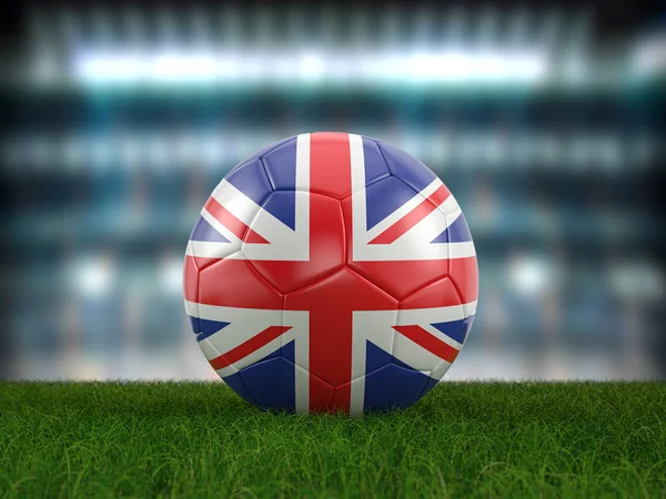 Soccer ball UK flag on a soccer pitch. 3d illustration.