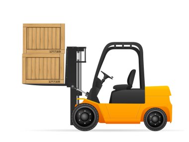Beyaz arka planda ahşap kutulara sahip forklift.