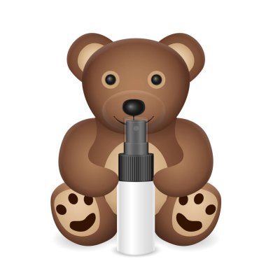 Beyaz arka planda sprey şişesi olan oyuncak ayı. Vektör illüstrasyonu.