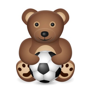 Beyaz arka planda futbol topu olan oyuncak ayı. Vektör illüstrasyonu.