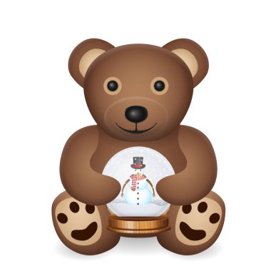 Beyaz arka planda kar küresi olan oyuncak ayı. Vektör illüstrasyonu.