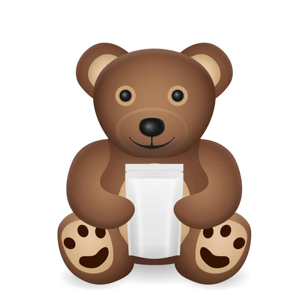 Teddy Beer Met Sachet Pakket Een Witte Achtergrond Vectorillustratie — Stockvector