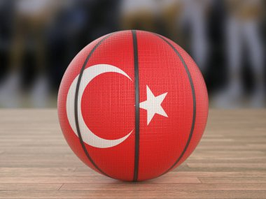 Tahta zeminde basketbol hindisi bayrağı. 3d illüstrasyon.