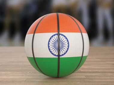 Tahta zeminde basketbol topu Hindistan bayrağı. 3d illüstrasyon.