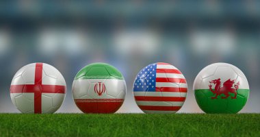 Football balls national flags group B on football pitch. 3d illustration.