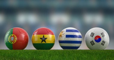 Football balls national flags group H on football pitch. 3d illustration.