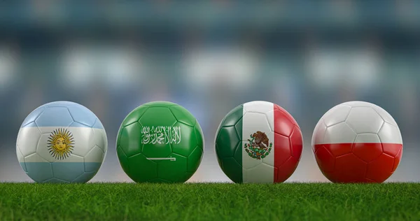 Football Balls National Flags Group Football Pitch Illustration —  Fotos de Stock