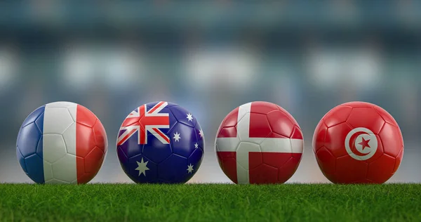 Футбольные Мячи Национальные Флаги Группы Футбольном Поле Иллюстрация — стоковое фото