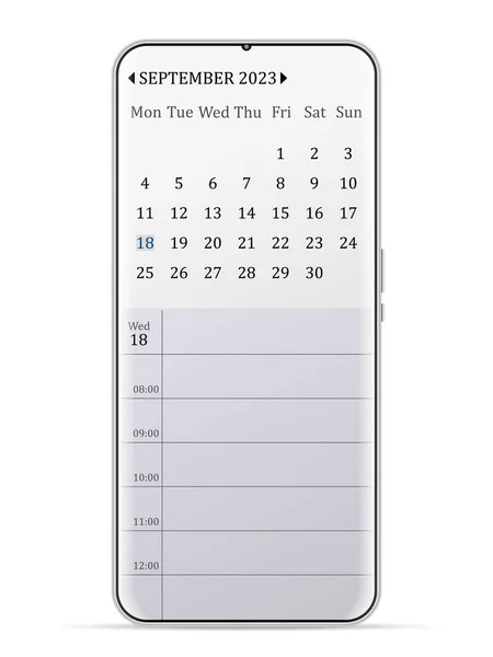 September 2023 Calendar Smartphone White Background Vector Illustration — ストックベクタ