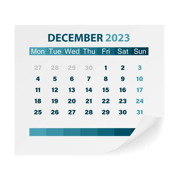 Calendar December 2023 White Background Vector Illustration —  Vetores de Stock