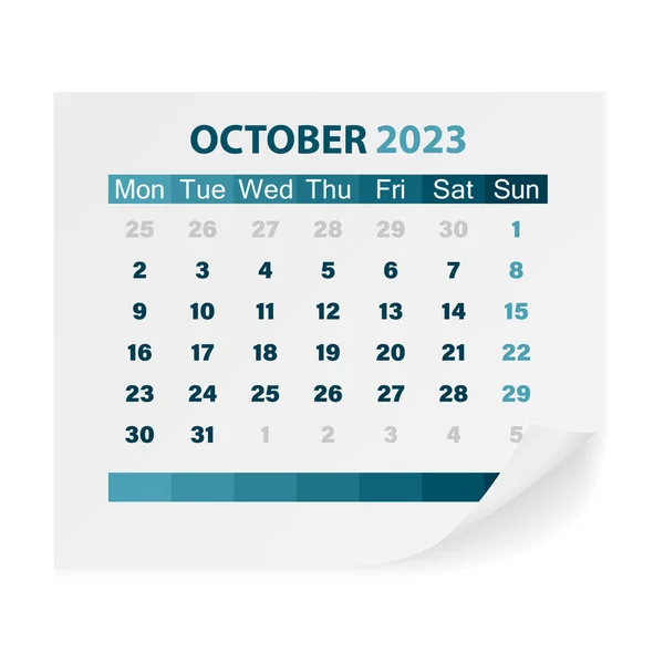Calendar October 2023 White Background Vector Illustration — ストックベクタ