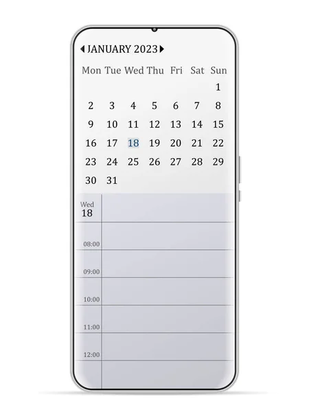 Ιανουάριος 2023 Ημερολόγιο Smartphone Λευκό Φόντο Εικονογράφηση Διανύσματος — Διανυσματικό Αρχείο