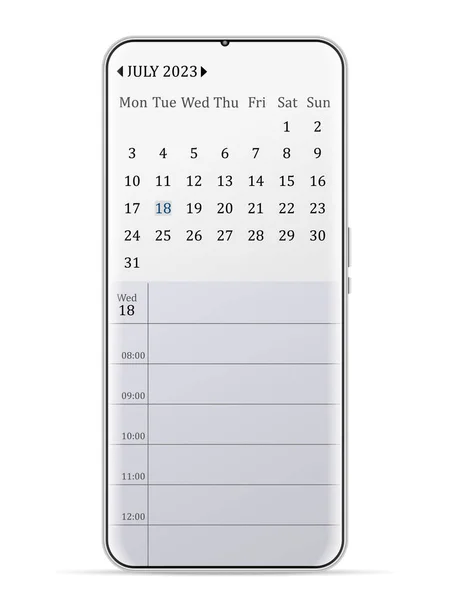 July 2023 Calendar Smartphone White Background Vector Illustration — Stockvector