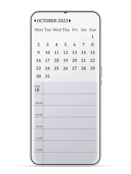 October 2023 Calendar Smartphone White Background Vector Illustration —  Vetores de Stock