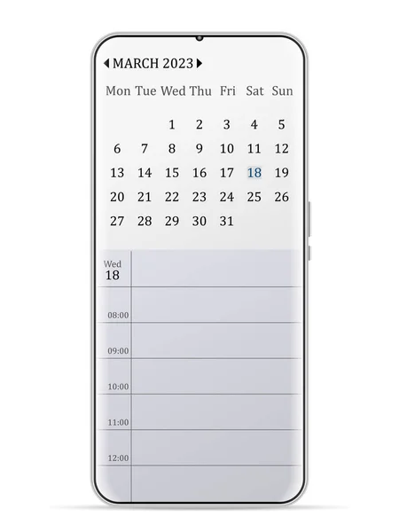 March 2023 Calendar Smartphone White Background Vector Illustration —  Vetores de Stock