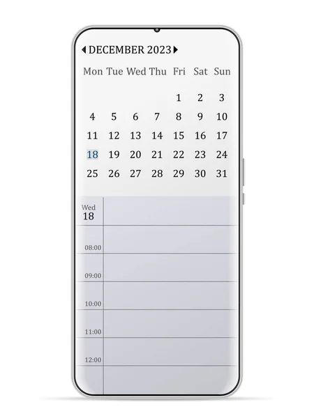 December 2023 Calendar Smartphone White Background Vector Illustration — Vector de stock