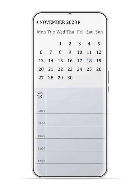 November 2023 Calendar Smartphone White Background Vector Illustration — Vector de stock